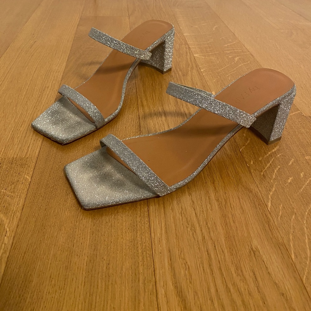 By Far Tanya Silver Glittered Sandals